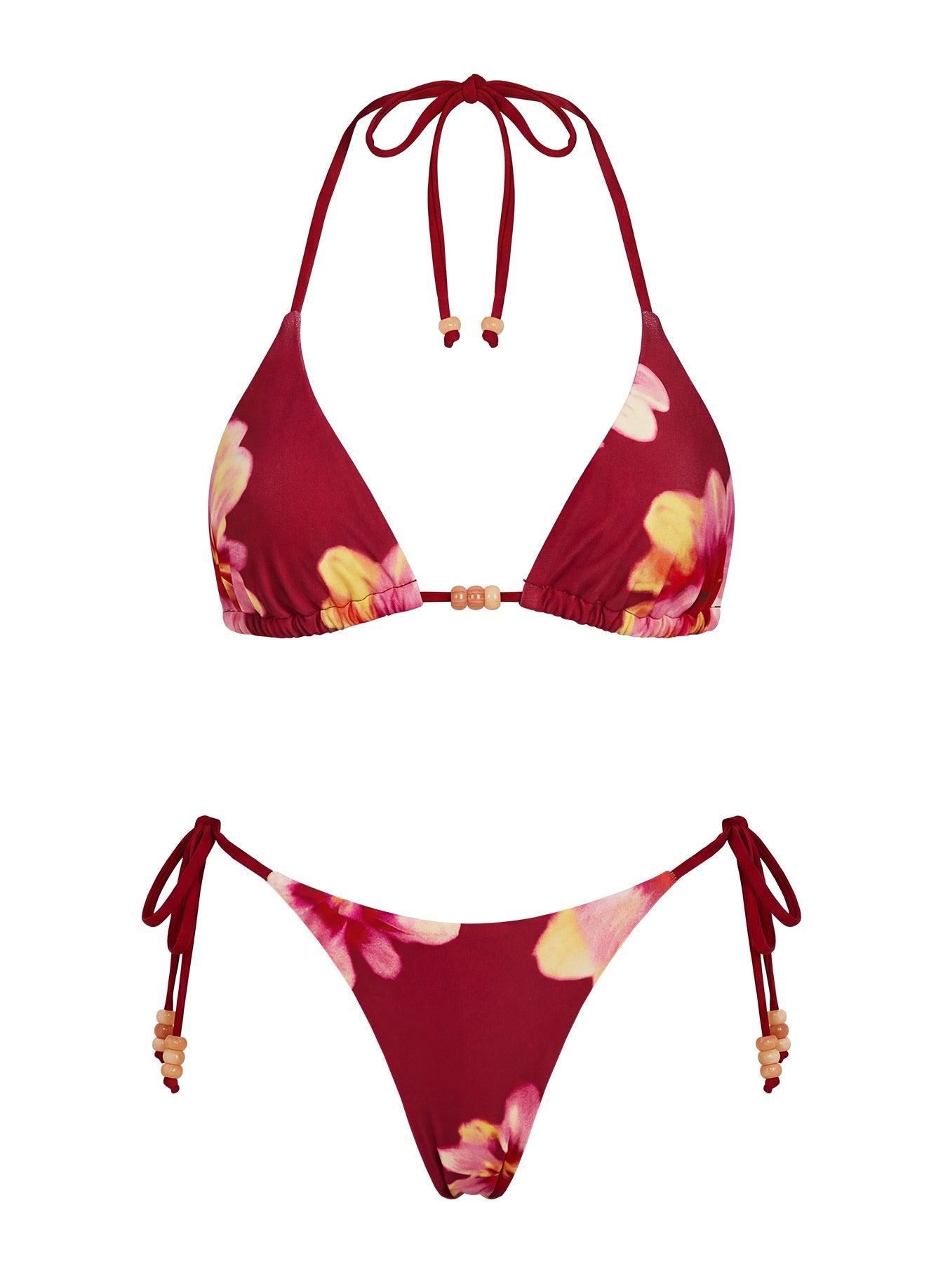 Maki Beaded Tie Side Bikini Bottoms Burgundy Floral