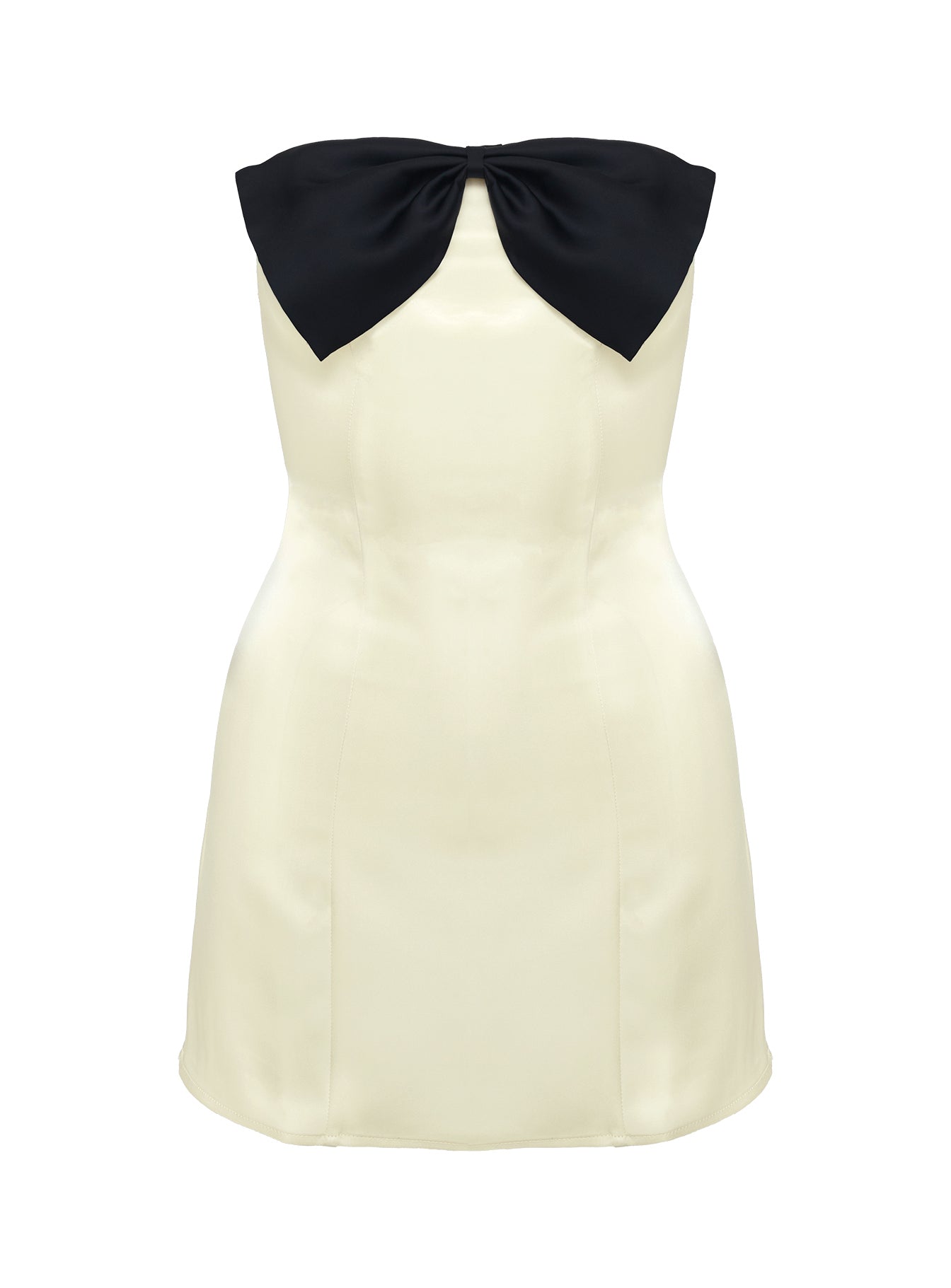 side view of model wearing Princess Polly Kesy Bow Tie Mini Dress Cream / Black Straight Neck 