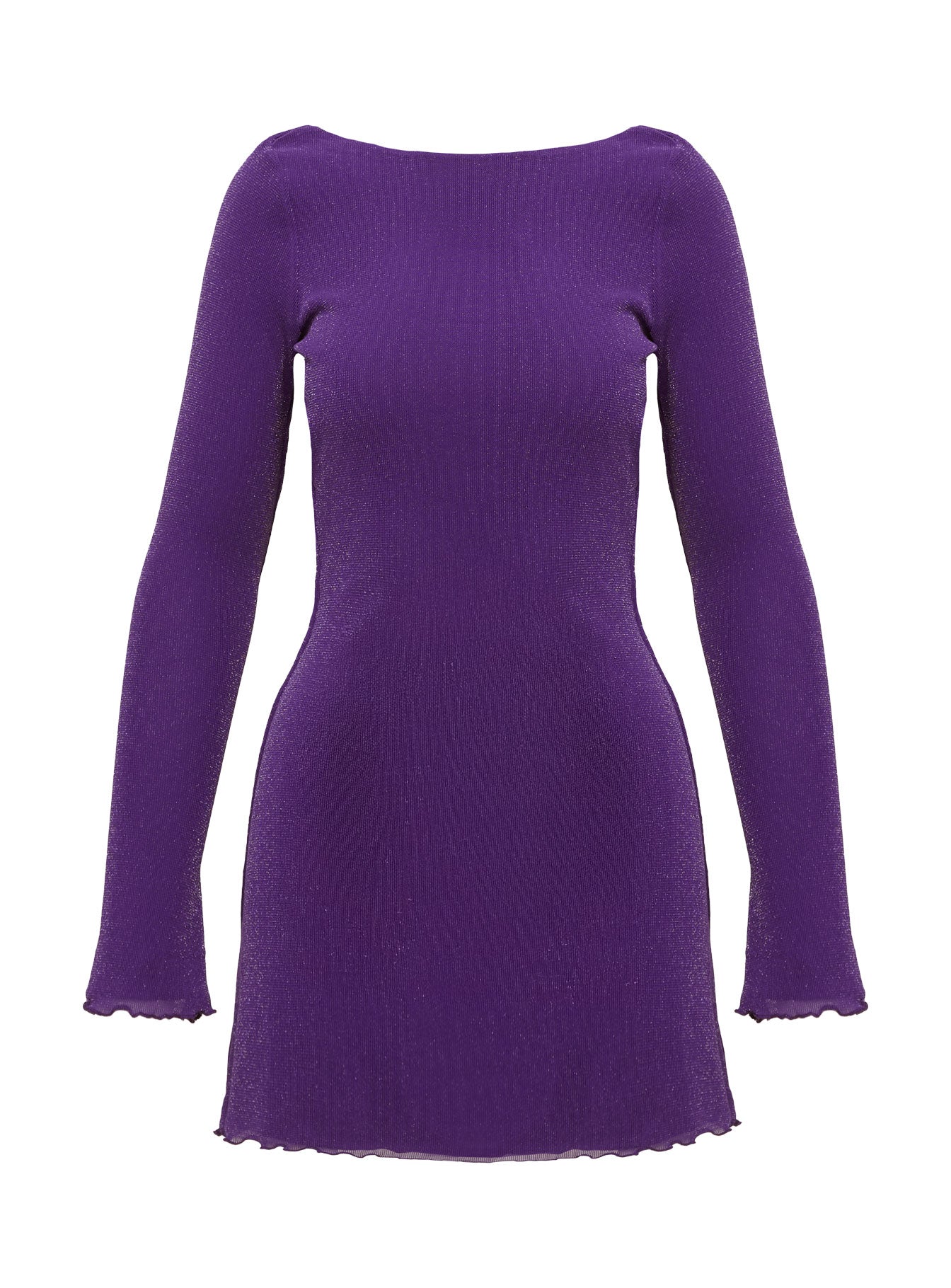 back view of model wearing Princess Polly Leshner Long Sleeve Mini Dress Purple Boat Neck 
