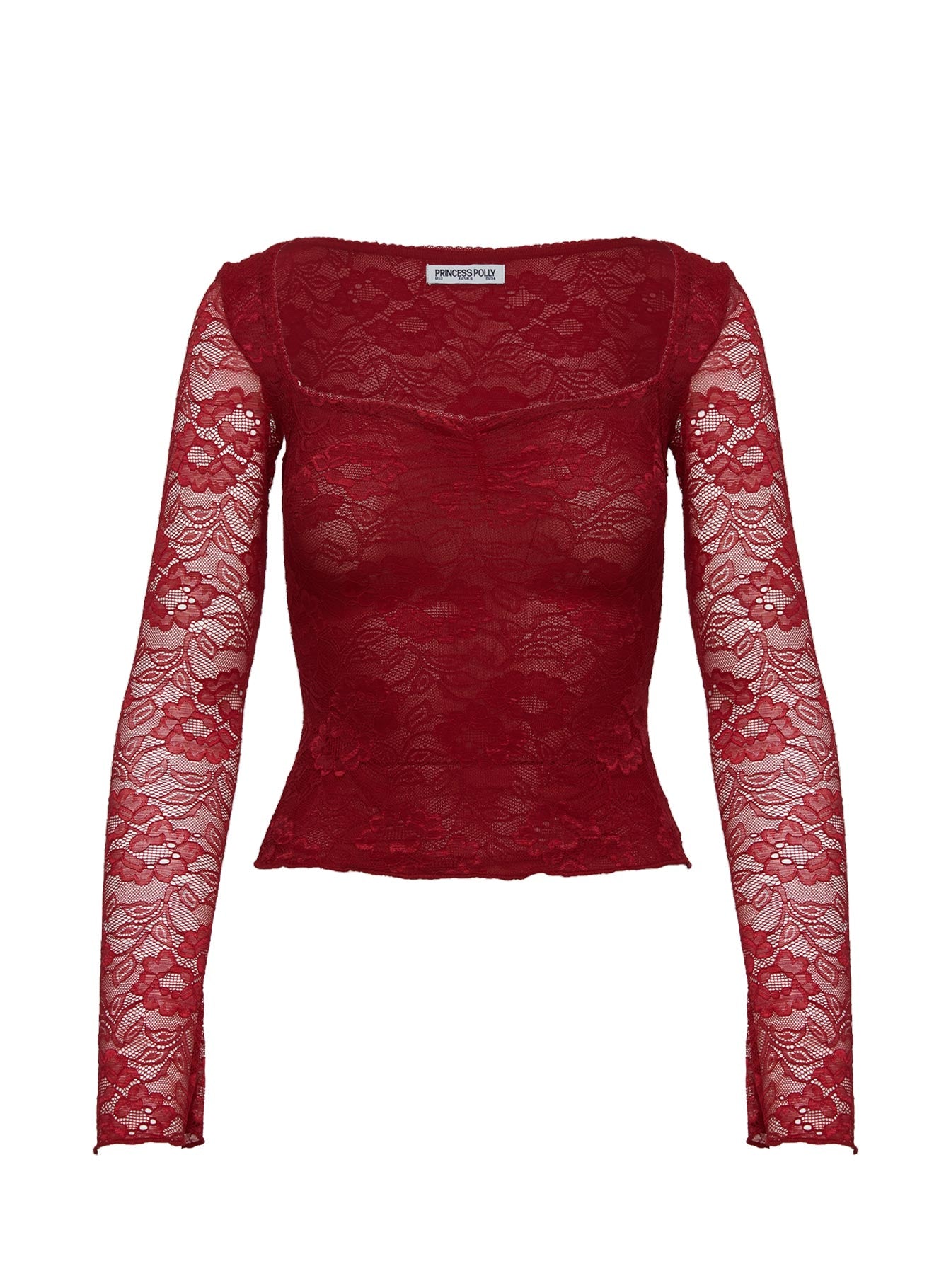 side view of model wearing Princess Polly Love Lessons Long Sleeve Top Red Full Sleeves Square Neck 