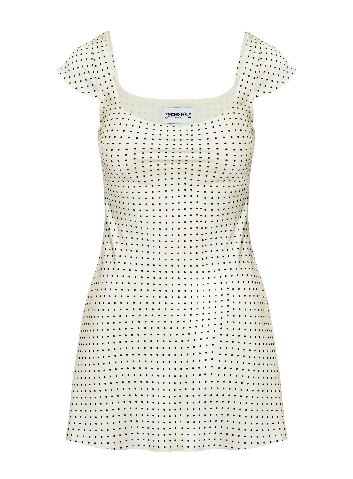 back view of model wearing Princess Polly Lucienna Polka Dot Mini Dress White / Black Petite Scoop Neck 