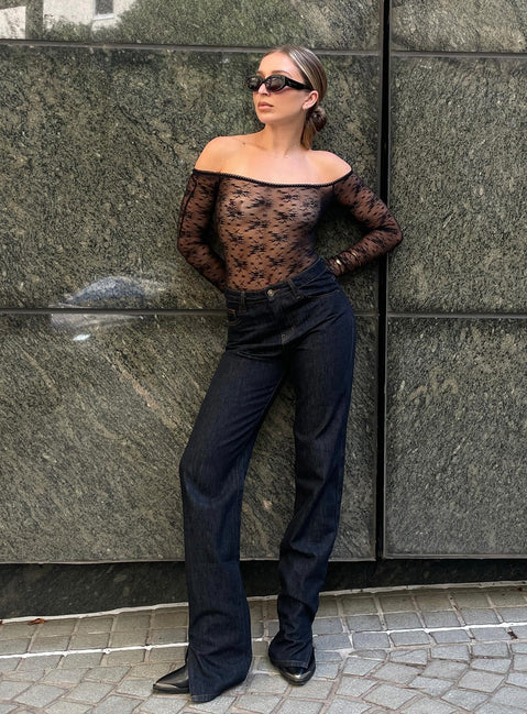 front view of model wearing Princess Polly Mademoiselle Bodysuit Black Full Sleeves straight 