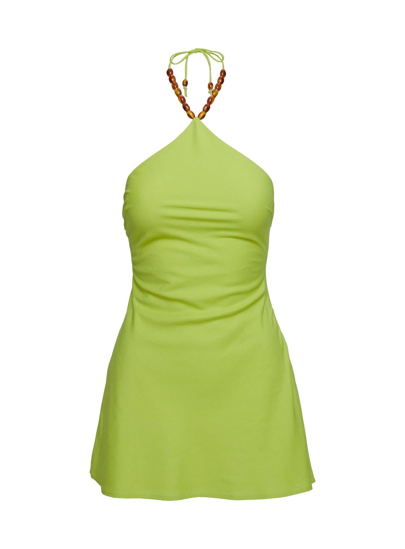 back view of model wearing Princess Polly Maevie Halter Mini Dress Green Asymmetric Neckline 