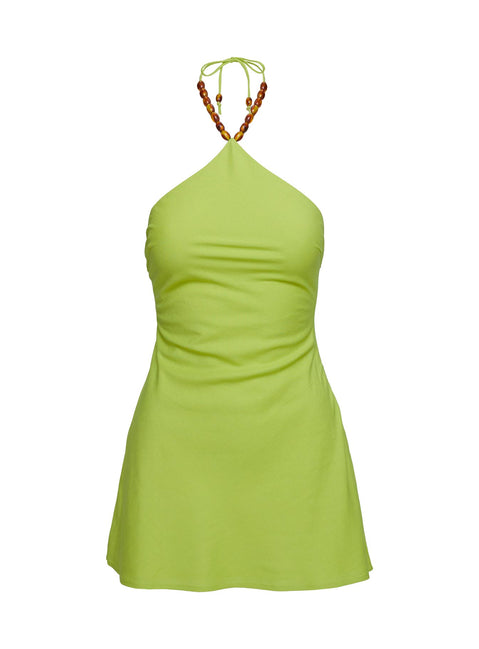back view of model wearing Princess Polly Maevie Halter Mini Dress Green Asymmetric Neckline 