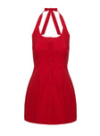 back view of model wearing Princess Polly Mallorie Halter Mini Dress Red Petite Scoop Neck 