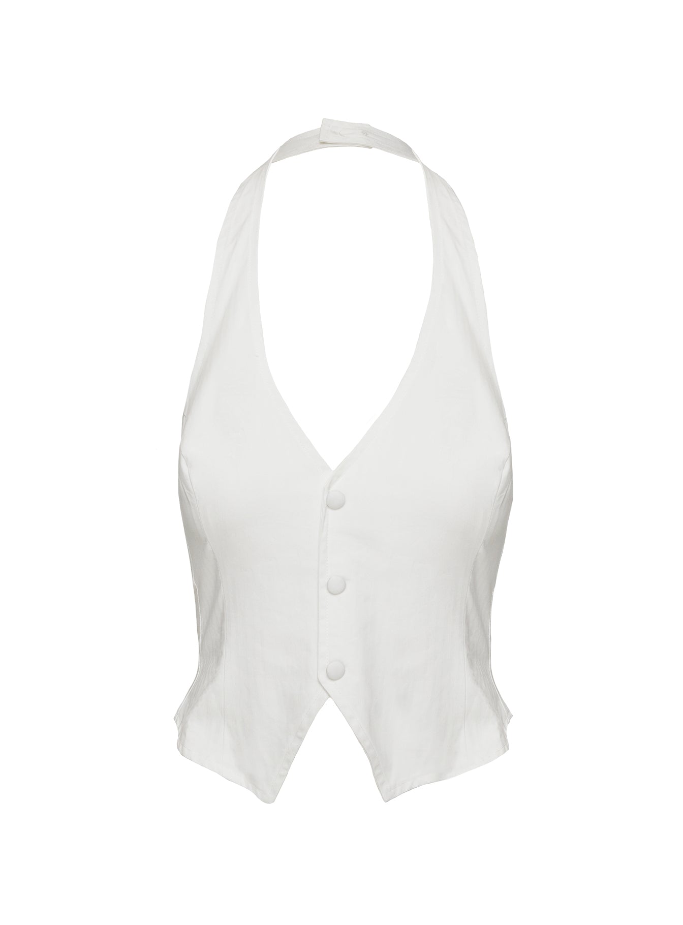 back view of model wearing Princess Polly Mccarthie Halter Vest Top White Sleeveless Plunger 