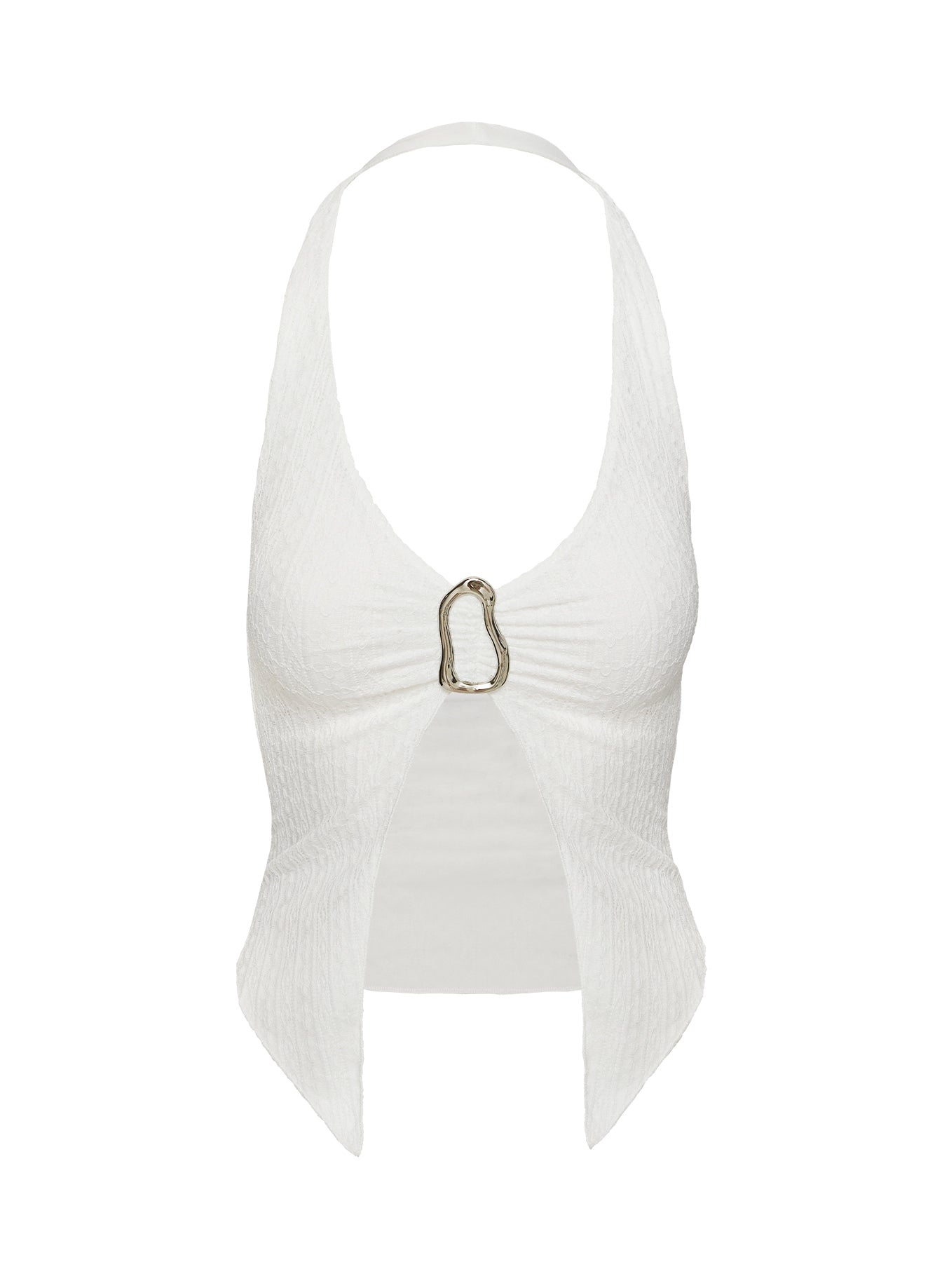 back view of model wearing Princess Polly Moderna Halter Lace Top White Sleeveless Plunger 