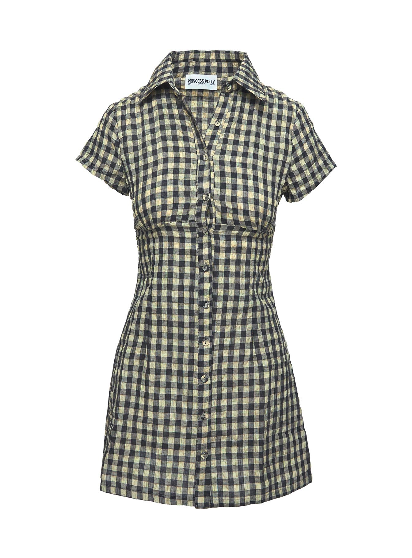 Motley Mini Dress Brown Check Tall | Princess Polly Motley Mini Dress Brown Check Tall | Princess Polly