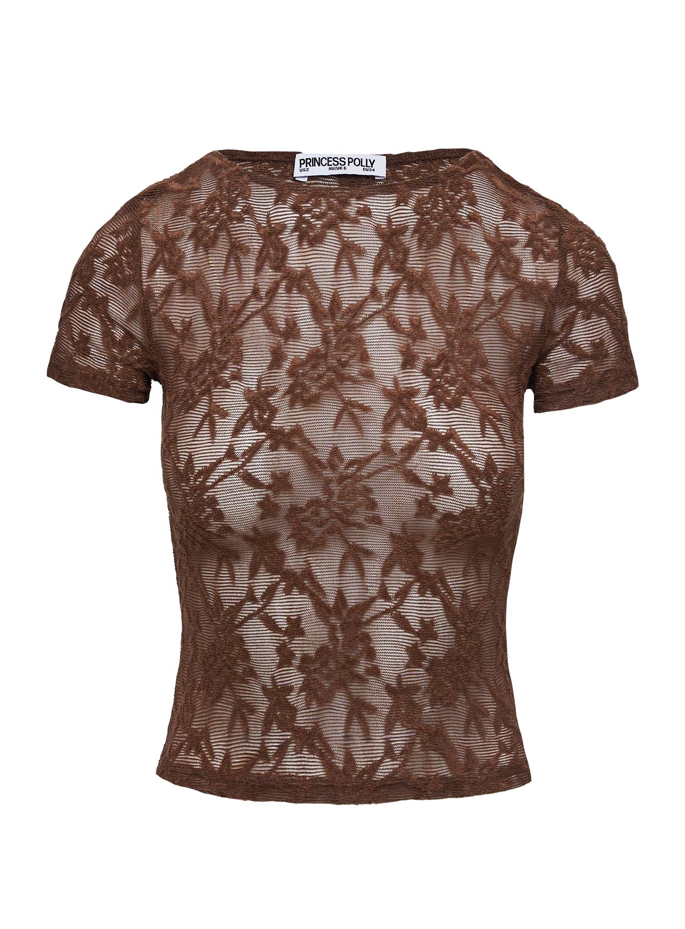back view of model wearing Princess Polly Martine Sheer Short Sleeve Top Brown Short Sleeves Crew Neck 