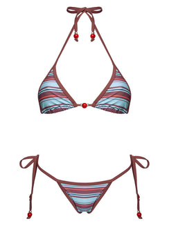 Mikaya Beaded Triangle Bikini Top Blue / Brown Stripe