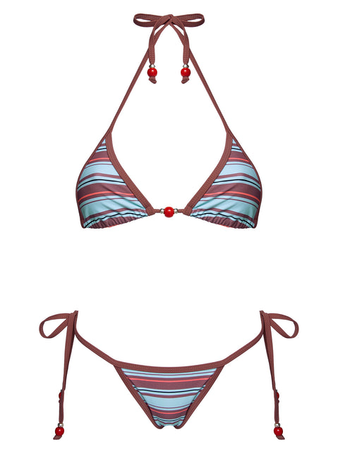Mikaya Beaded Triangle Bikini Top Blue / Brown Stripe