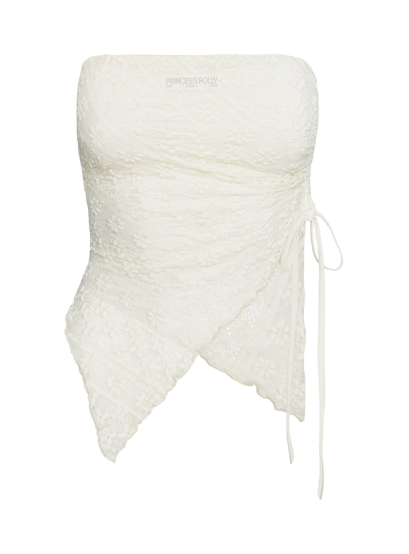 back view of model wearing Princess Polly More Dimes Asymmetrical Strapless Top Cream Sleeveless straight 