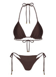 Brown triangle bikini top shine material gold hardware