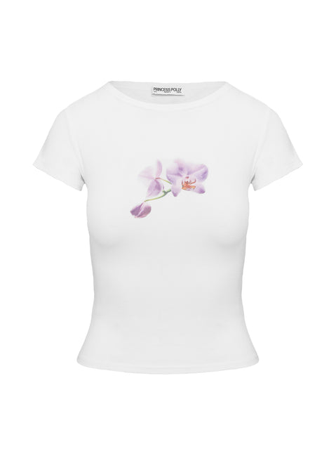 back view of model wearing Princess Polly New Light Graphic Top White Short Sleeves Crew Neck 