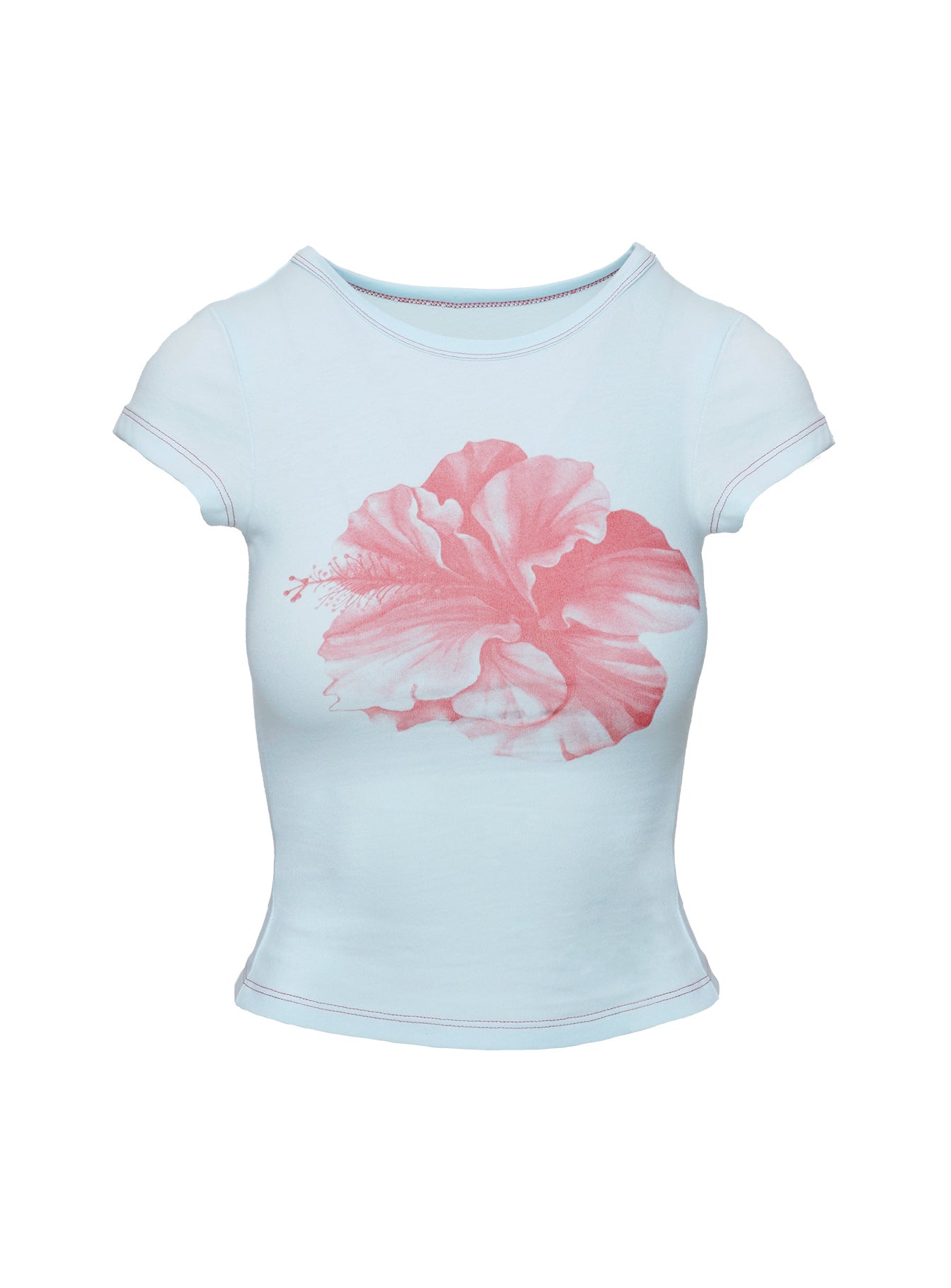 back view of model wearing Princess Polly Owenz Hibiscus Baby Tee Blue Short Sleeves 
