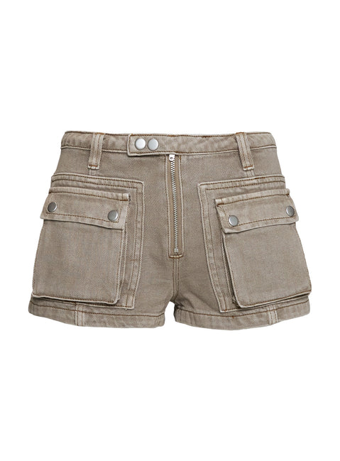 side view of model wearing Princess Polly Outerbank Cargo Short Light Brown Wash Low Rise Shorts 