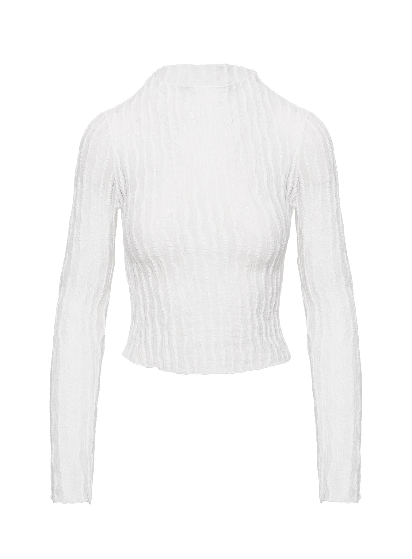 side view of model wearing Princess Polly Padra Long Sleeve Top White Full Sleeves High Neck 