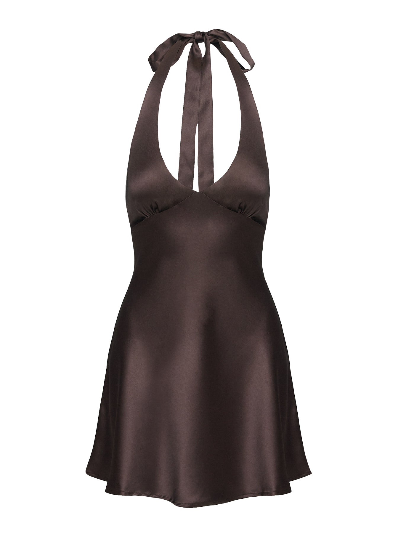 side view of model wearing Princess Polly Pelagia Halter Scarf Tie Mini Dress Brown Petite Plunger 