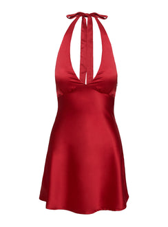 back view of model wearing Princess Polly Pelagia Halter Scarf Tie Mini Dress Red Plunger 