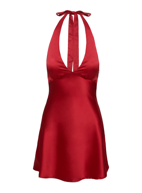 back view of model wearing Princess Polly Pelagia Halter Scarf Tie Mini Dress Red Plunger 