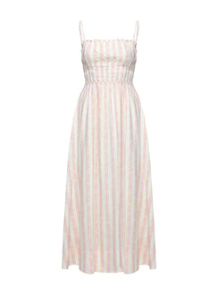 side view of model wearing Princess Polly Persephone Shirring Linen Maxi Dress Pink Stripe Square Neck 