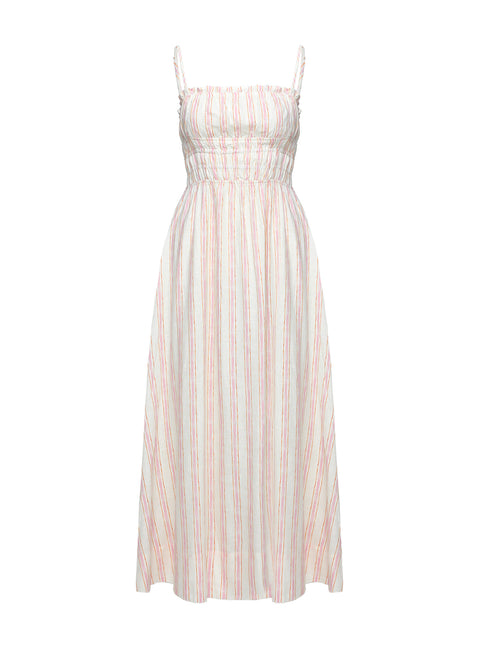 side view of model wearing Princess Polly Persephone Shirring Linen Maxi Dress Pink Stripe Square Neck 