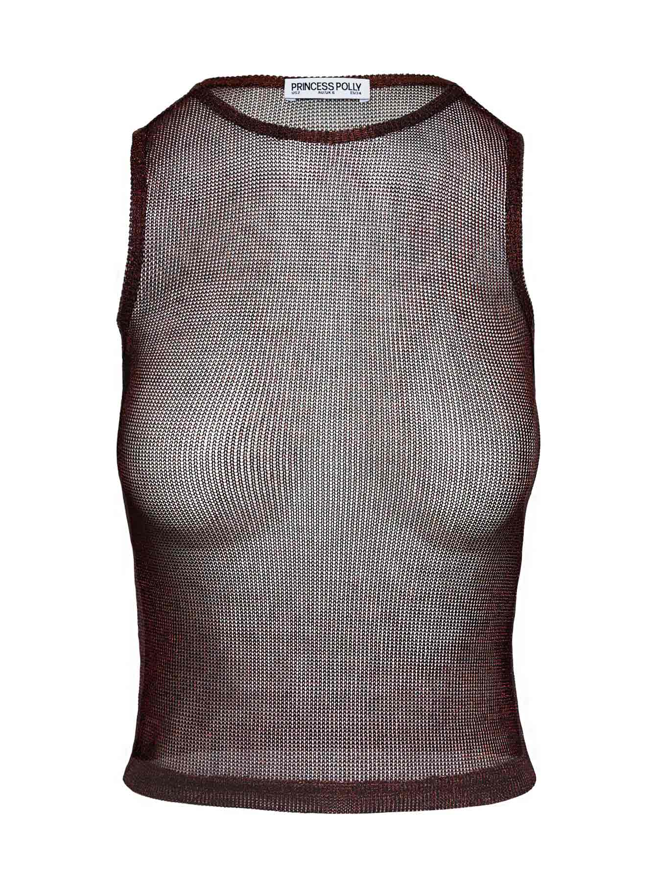back view of model wearing Princess Polly Perfect Mirage Sheer Top Brown Sleeveless Crew Neck 