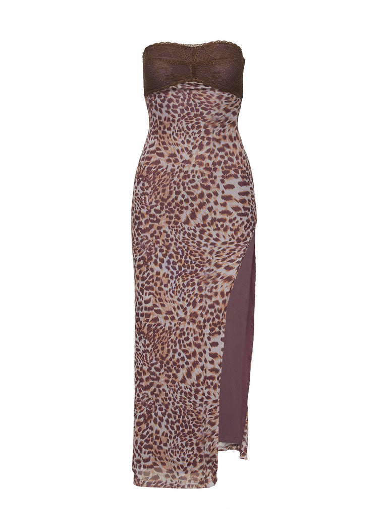Leopard Gather Strapless Midi Dress