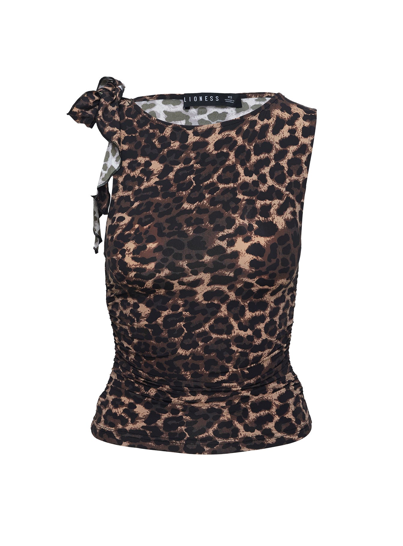 side view of model wearing Princess Polly Rendezvous Top Leopard Sleeveless Crew Neck 