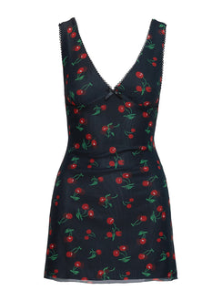 Rosaria Mini Dress Black / Cherries | Princess Polly Rosaria Mini Dress Black / Cherries | Princess Polly