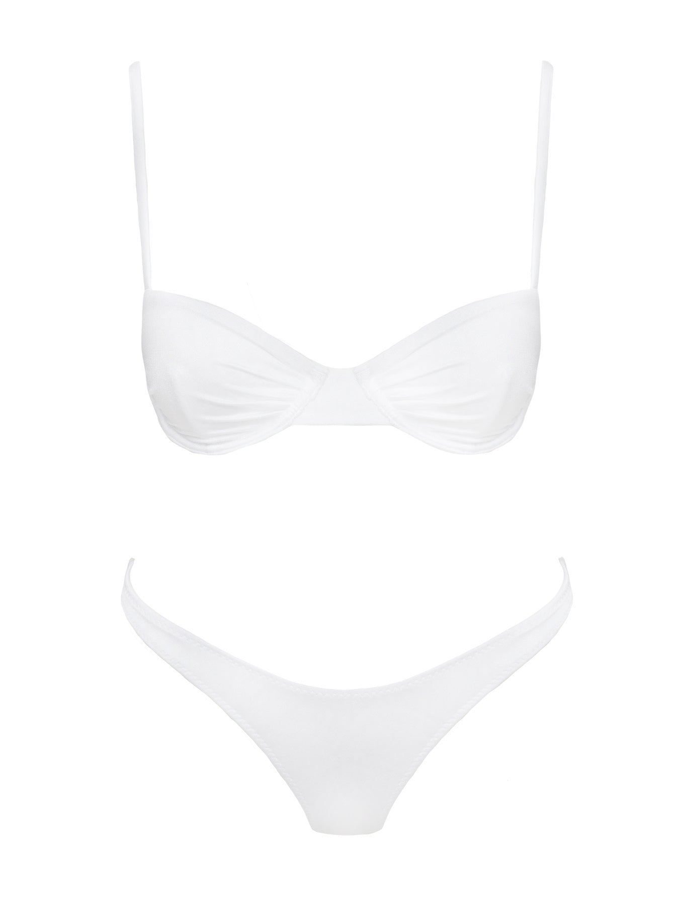 White Bikini top Shine material, adjustable shoulder straps, wired cups, clasp fastening at back