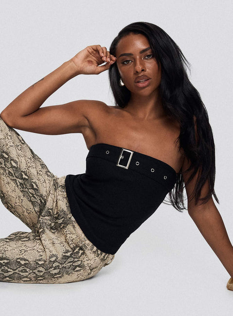 side view of model wearing Princess Polly Satellite Strapless Buckle Detail Top Black Sleeveless straight 