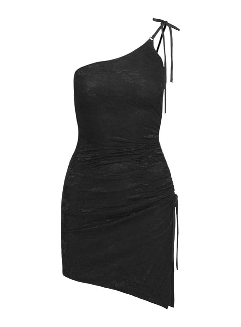 Spindrift One Shoulder Lace Mini Dress Black | Princess Polly Spindrift One Shoulder Lace Mini Dress Black | Princess Polly