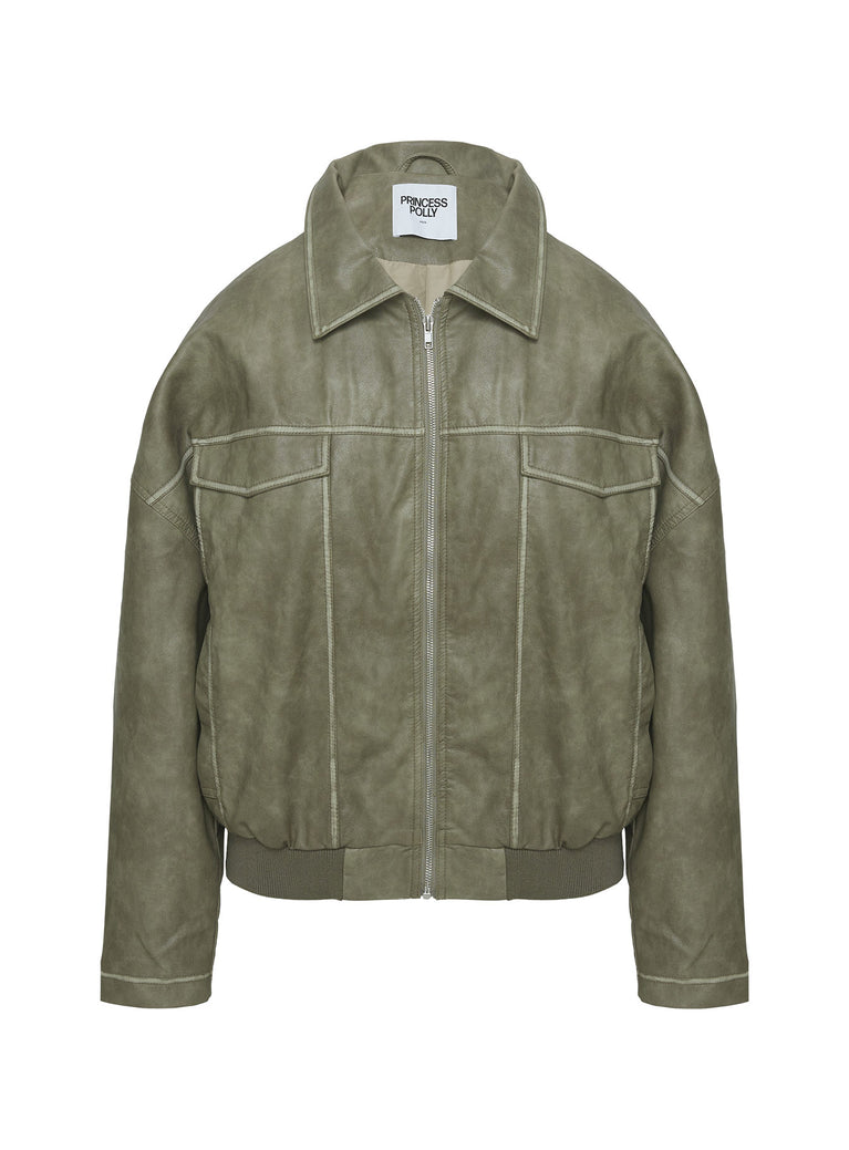 Tanza Faux Leather Jacket Washed Green | Princess Polly USA