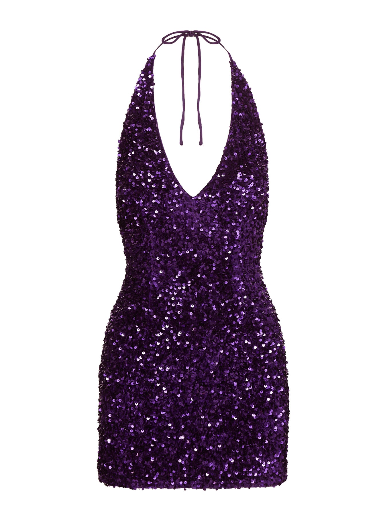 side view of model wearing Princess Polly Time Of Your Life Plunge Halter Mini Dress Purple Plunger 