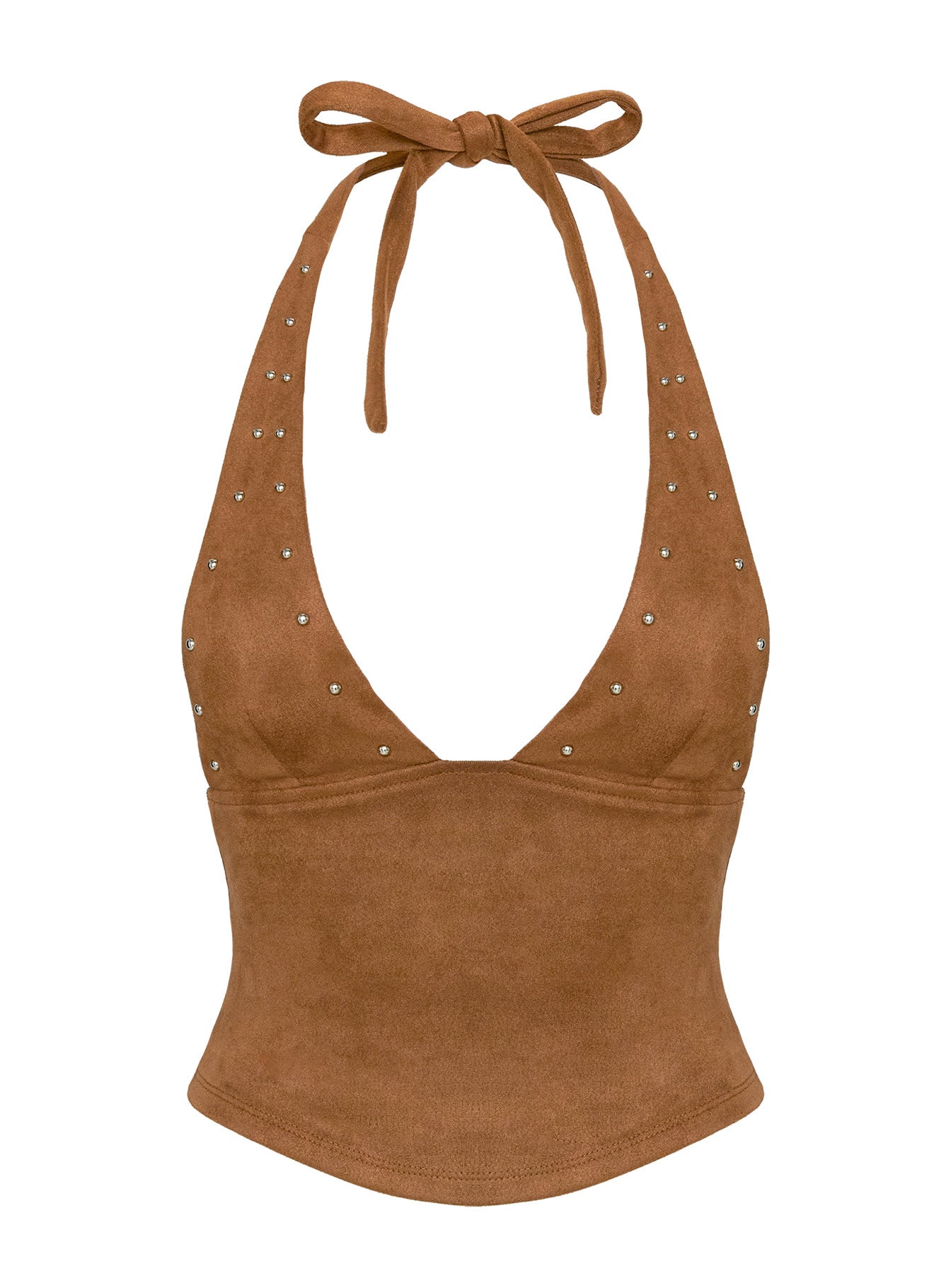 side view of model wearing Princess Polly Upgraded Stud Detail Faux Suede Top Brown Sleeveless Plunger 