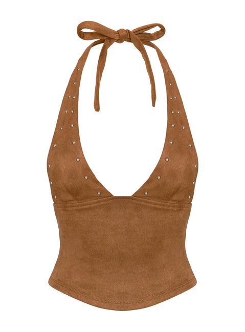 side view of model wearing Princess Polly Upgraded Stud Detail Faux Suede Top Brown Sleeveless Plunger 