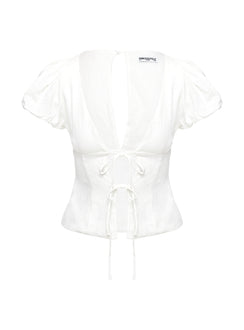 back view of model wearing Princess Polly Wilhelmina Blouse Top White Short Sleeves Plunger 