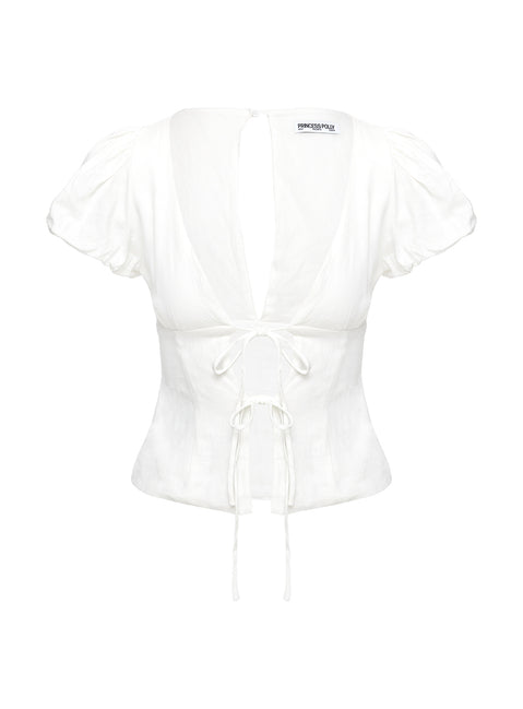 back view of model wearing Princess Polly Wilhelmina Blouse Top White Short Sleeves Plunger 
