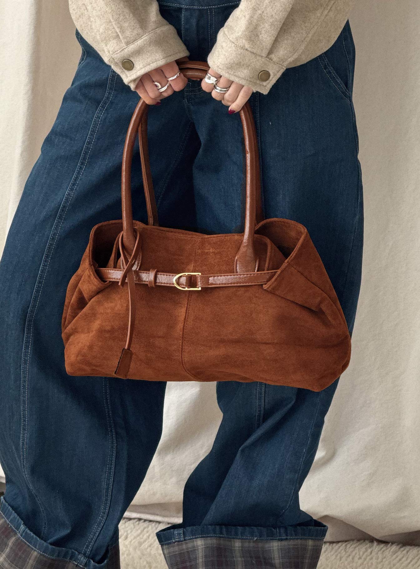 Yearning Faux Suede Buckle Detail Shoulder Bag Brown | Princess Polly