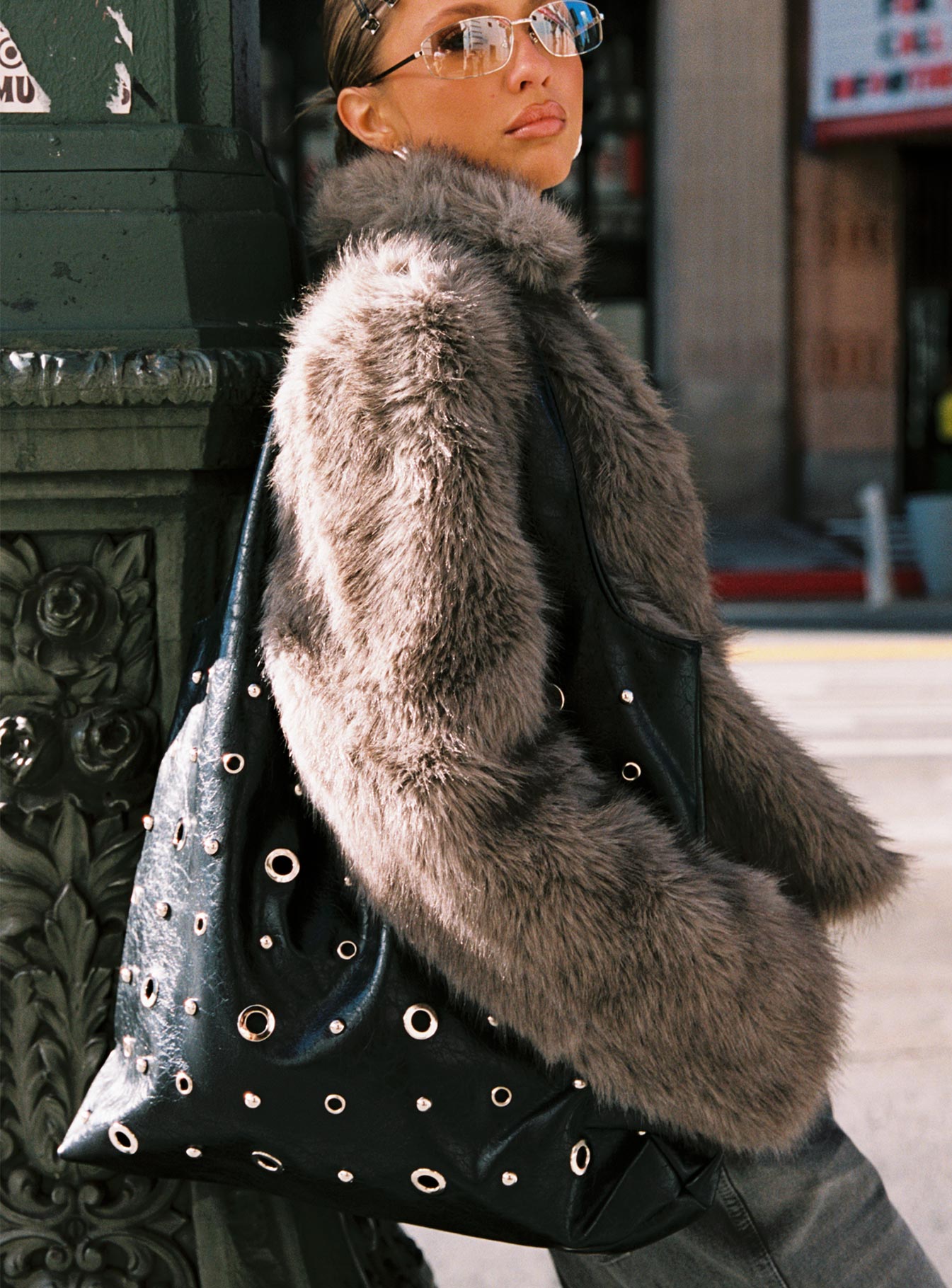 Find Your Love Eyelet Detail Shoulder Bag Black