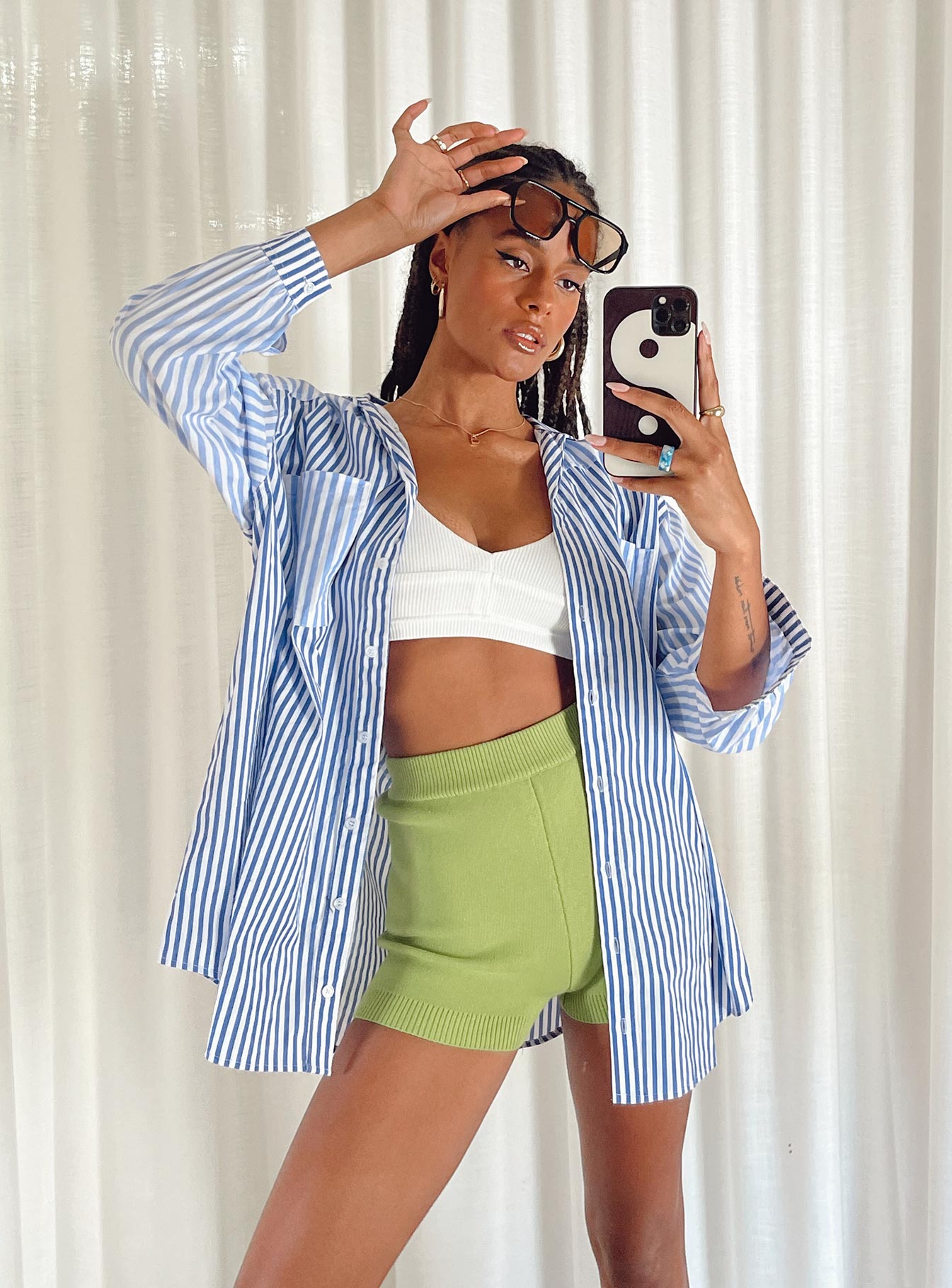 front view of model wearing Princess Polly Robinson Top Blue 