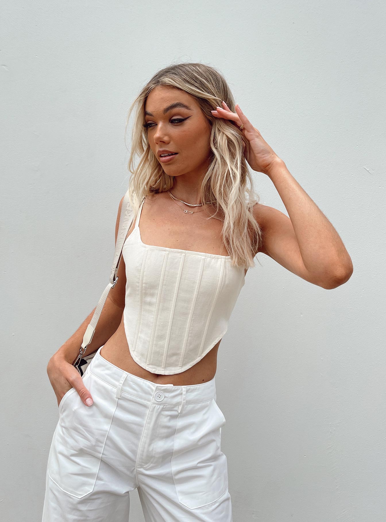 back view of model wearing Princess Polly Tanis Corset Off White 