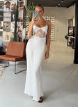 side view of model wearing Princess Polly Roselle Maxi Dress White V-Neck 