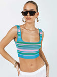 Crop top Knit material Striped print Fixed shoulder straps Scooped neckline