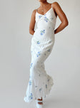 Front view of model wearing  front Princess Polly High Neck  Sing Along Maxi Dress White / Blue