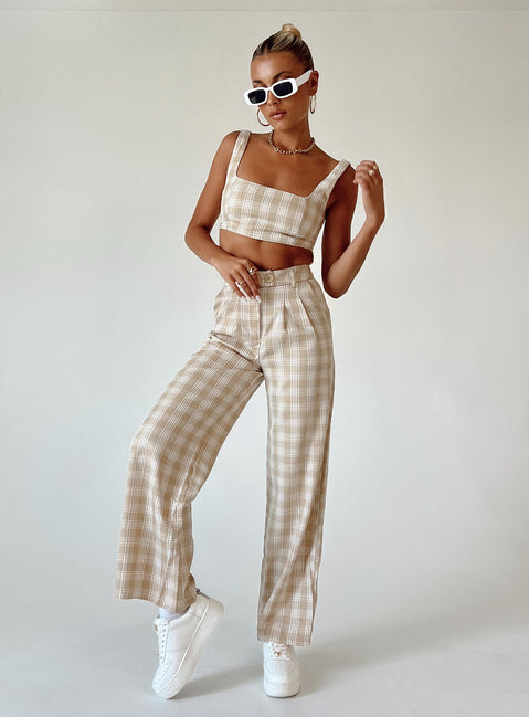 Matching set Check print Crop top Invisible zip fastening at side High waisted pants Wide leg Belt looped waist Zip & button fastening