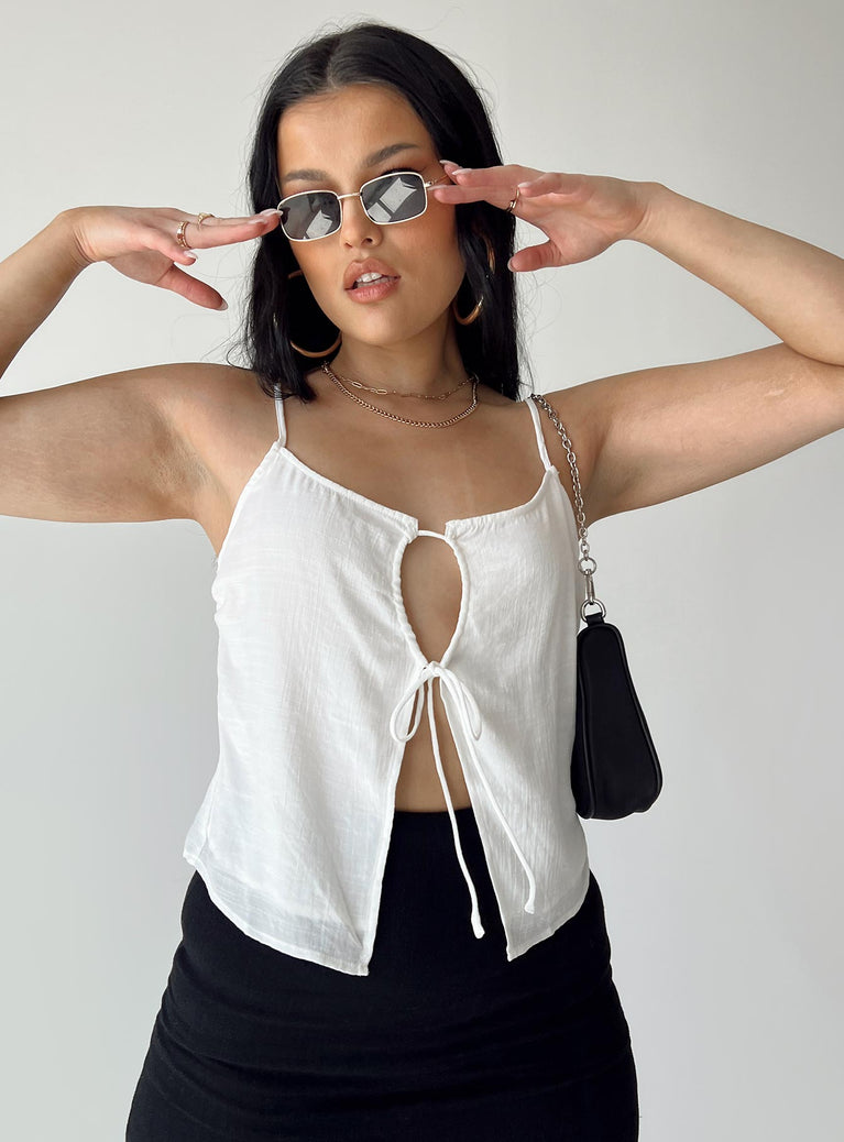 front view of model wearing Princess Polly Melita Top White Sleeveless Scoop Neck 