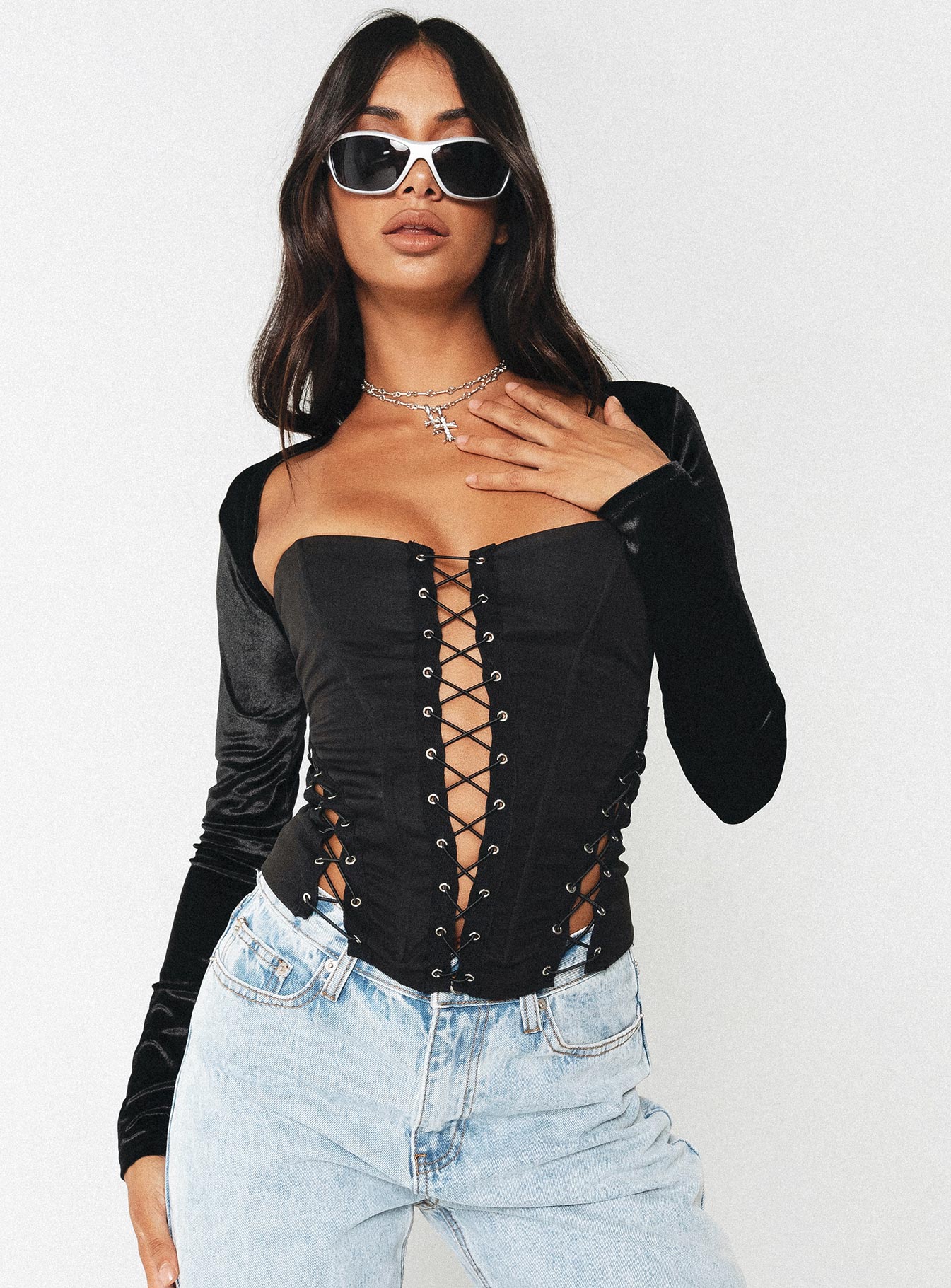 product Princess Polly Full Sleeves Plunger  Doreene Velour Bolero Black