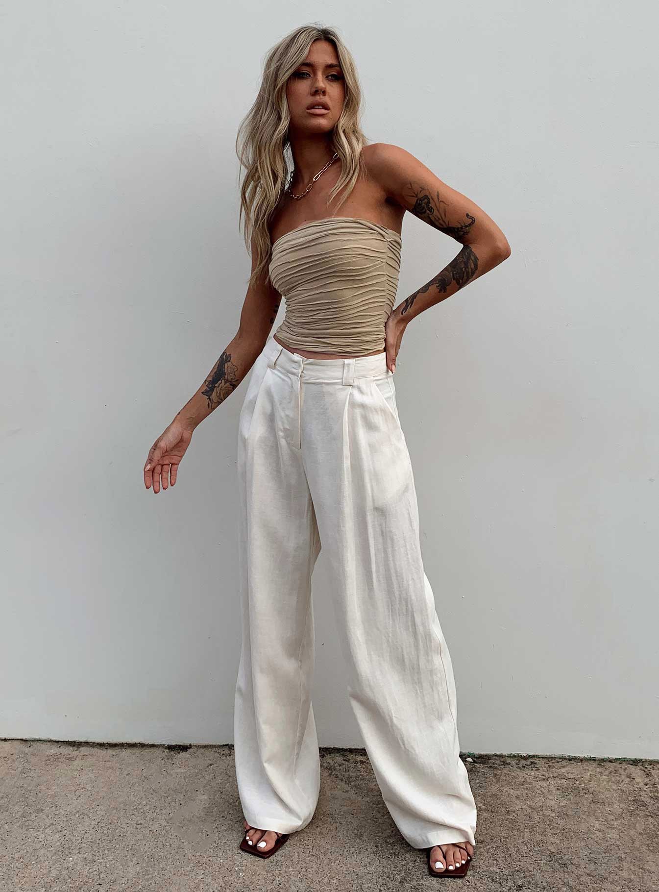 Front view of model wearing  front Princess Polly High Waisted Pants High Waisted Pants High Waisted Pants  La Quinta Pant Off White